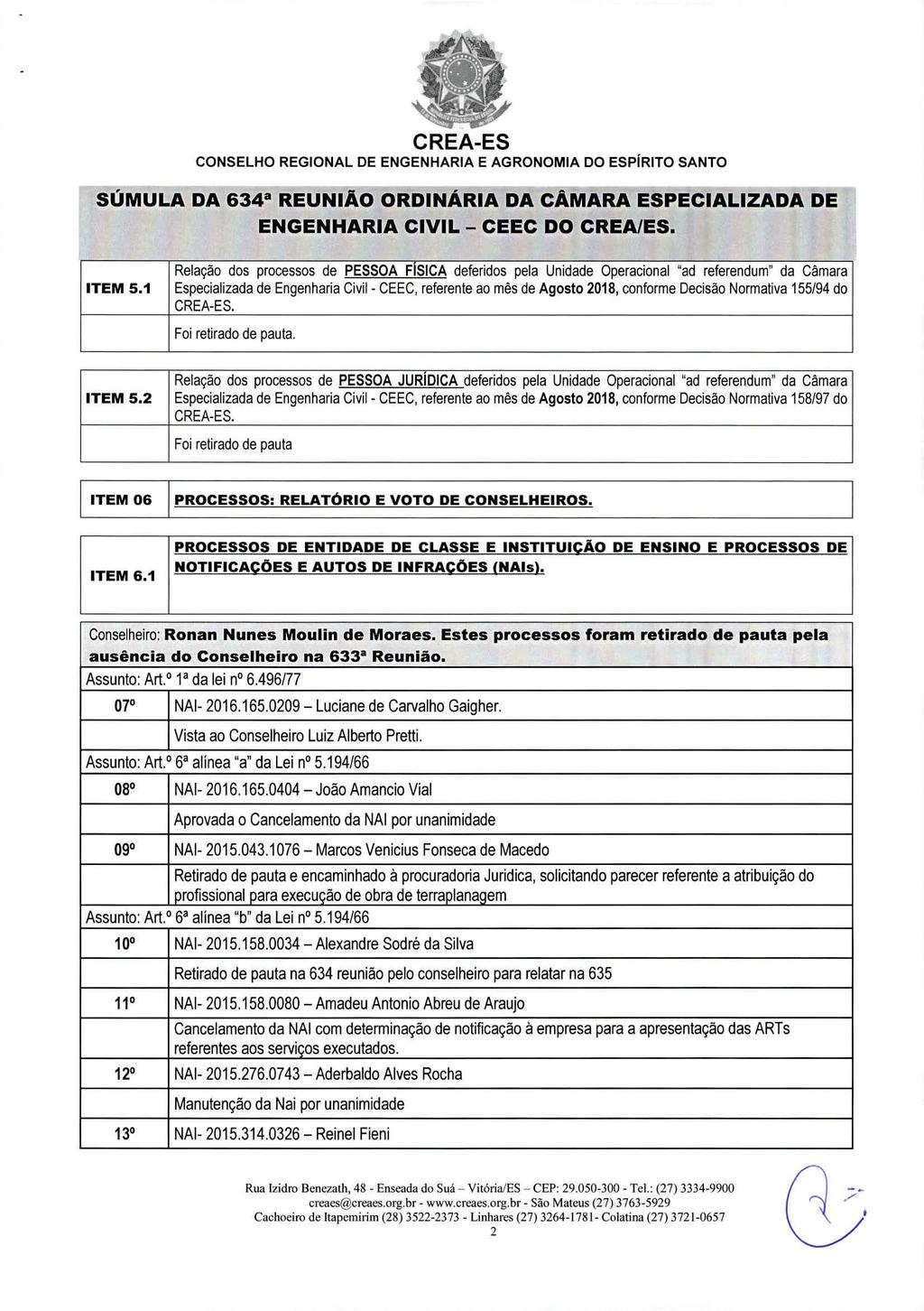 CONSELHO REGIONAL DE ENGENHARIA E AGRONOMIA DO ESPÍRITO SANTO SÚMULA DA 634 REUNIÃO ORDINÁRIA DA CÂMARA ESPECIALIZADA DE ITEM 5.1 ITEM 5.