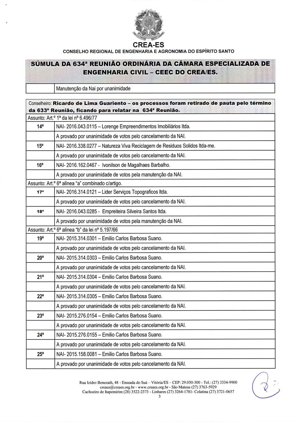 CONSELHO REGIONAL DE ENGENHARIA E AGRONOMIA DO ESPIRITO SANTO SÚMULA DA 634a REUNIÃO ORDINÁRIA DA CÂMARA ESPECIALIZADA DE Manutenção da Nai por unanimidade Conselheiro: Ricardo de Lima Guariento - os