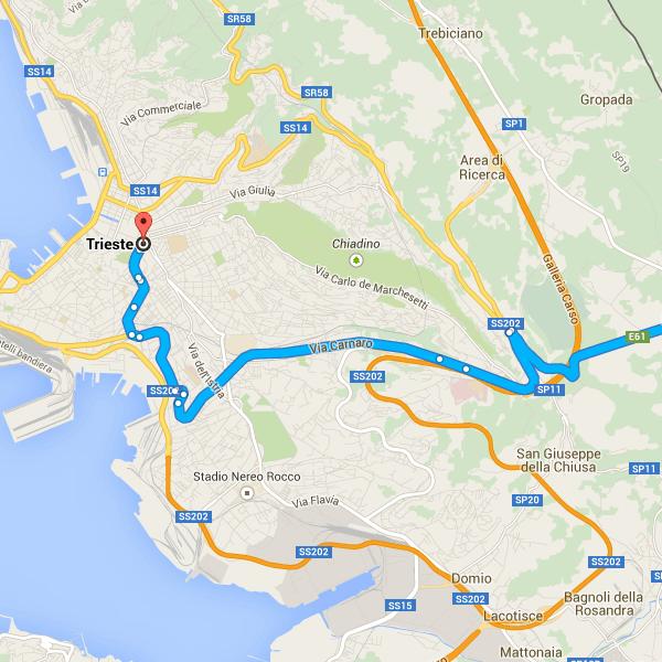 Siga pela SS202, Via Carnaro e Via Bartolomeo d'alviano para a Via Silvio Pellico em Trieste 8,3 km/11 min 18. Vire à direita em direção a Str. per Basovizza 31 m 19.