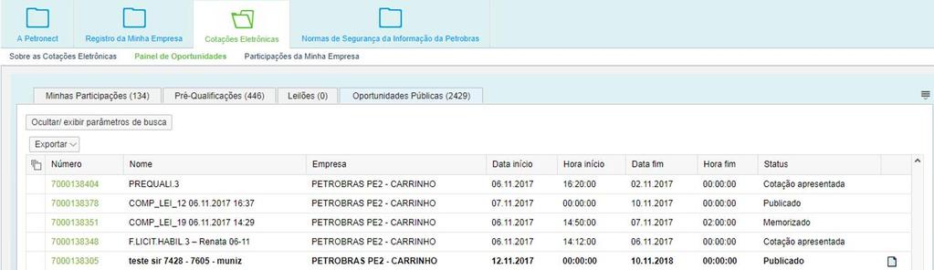 Envio de Proposta Na opção Oportunidades Públicas serão apresentadas as oportunidades com os seguintes status: Publicado - Esse status indica que a data início para envio de propostas ainda não foi