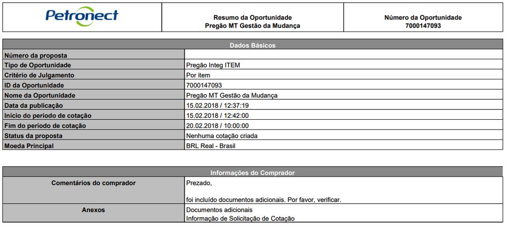 Envio de Proposta Ao baixar o arquivo do Resumo da Oportunidade o fornecedor tem acesso a