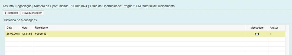 Negociação Acessando a Sala de Colaboração, o fornecedor pode visualizar a mensagem deixada pelo fornecedor. Para isso, basta clicar no assunto da mensagem: 1.