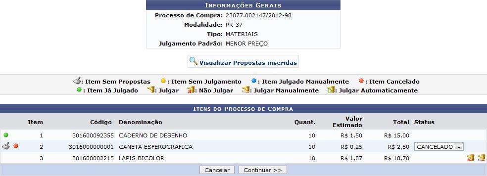 O sistema exibirá a seguinte tela: Na tela apresentada acima, o usuário poderá realizar a busca de itens de processos de compra pelo Nº Processo de compra ou pela Modalidade/Número/Ano da licitação