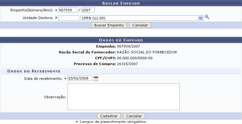 e/ou a denominação da unidade desejada, clique no ícone busca. para realizar uma Exemplificaremos com o Empenho(Número/Ano) : 907939/2007 e a Unidade : UFRN (11.00).