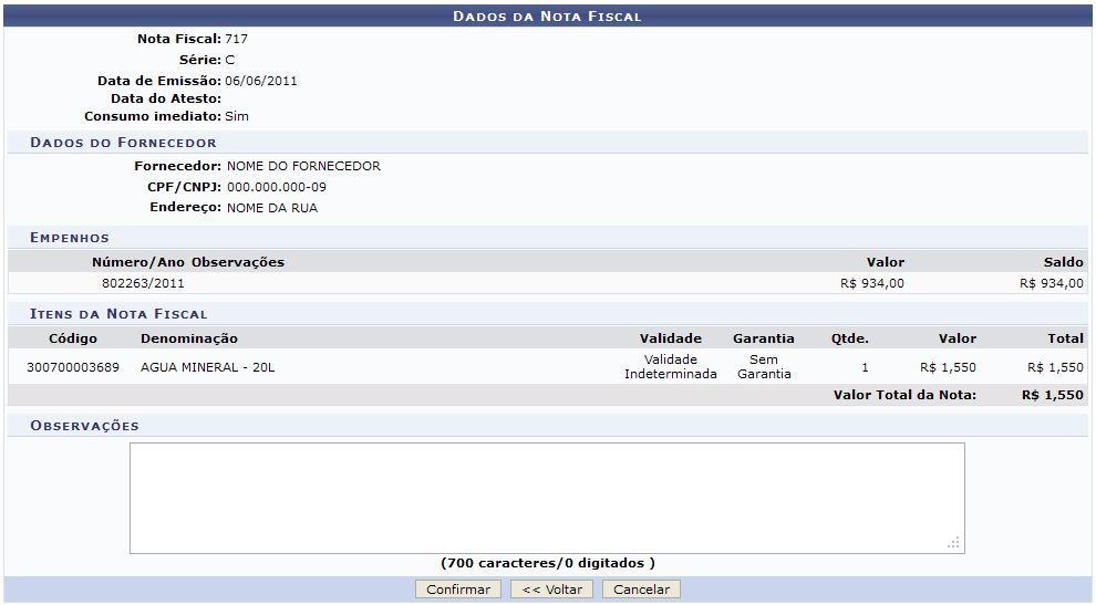 Confira os dados da nota e insira Observações, se desejar.