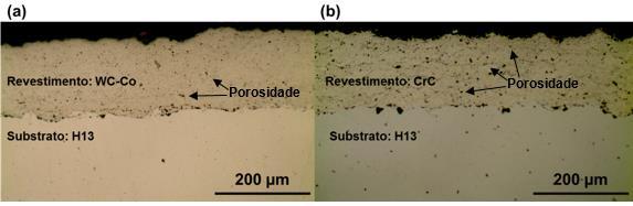 Figura 45 - Micrografias transversais dos revestimentos depositados sobre o substrato de aço ABNT H13:WC-10Co- 4Cr (a) e Cr 3C 2-25(NiCr) (b) 4.