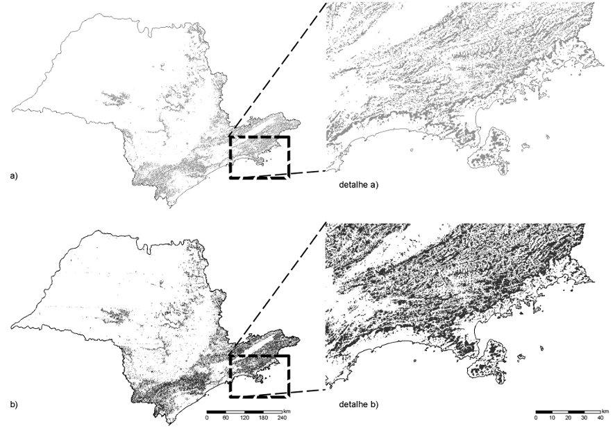 Fig. 5. APP em topo de morro e montanha no estado de São Paulo a) com base no MDE do SRTM90 (90m de resolução) e b) SRTM30 (resolução reamostrada para 30m).