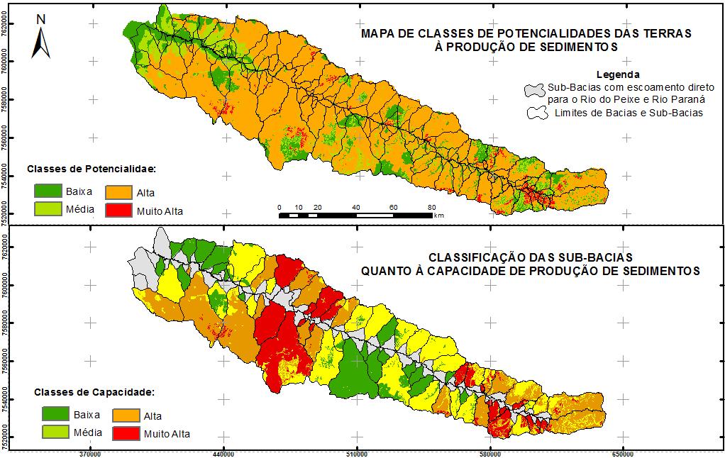 Tabela 4 Classes de capacidade de produção de sedimentos propostas para a UGRHI 21 Potencialidade das Classes de Densidade de Drenagem terras à produção de sedimento Baixa densidade Média densidade