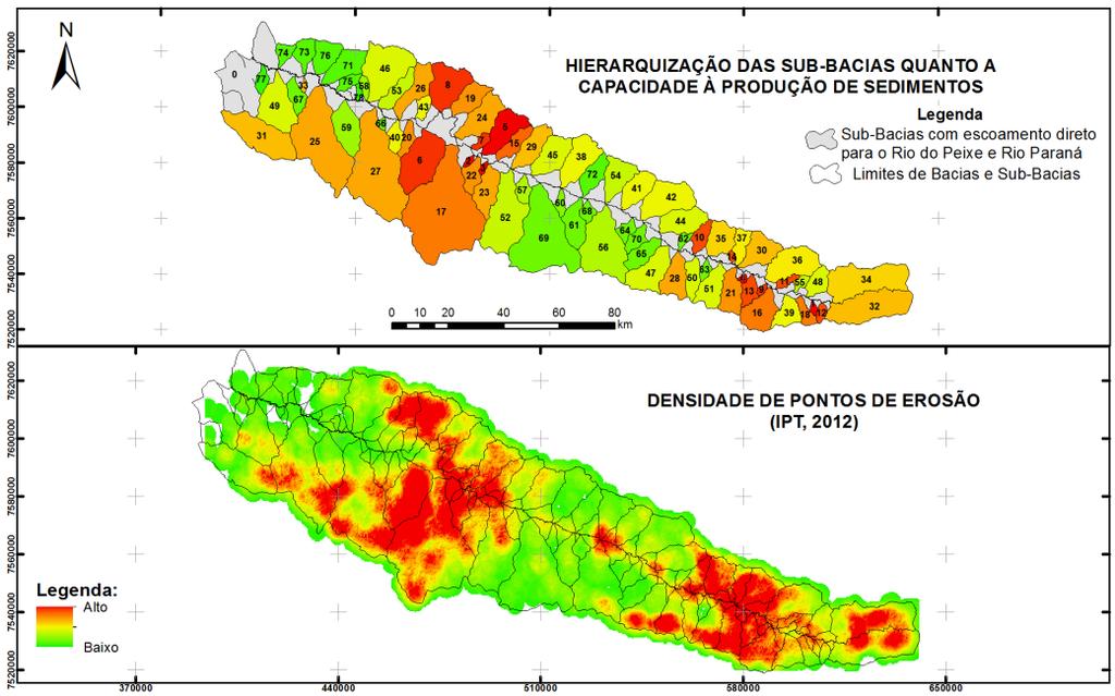 quanto à capacidade de produção de sedimentos e a densidade de pontos de erosão cadastrados (IPT/DAEE, 2012).