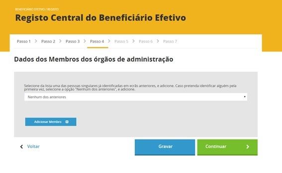 Passo 4: Dados dos Membros dos órgãos de administração Seguidamente, terá de