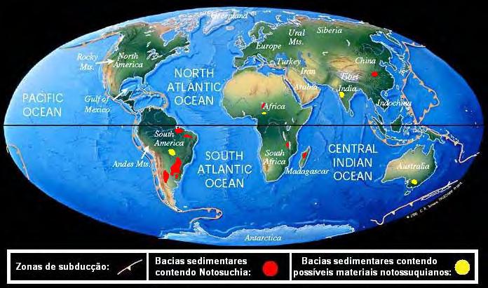 IV CONTEXTO GEOLÓGICO DOS NOTOSUCHIA Todos os Notosuchia (sensu Gasparini, 1971) descritos compartilham uma identidade paleogeográfica bem definida (Tabela 01), limitada à América do Sul, África
