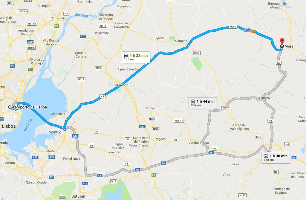 Como Chegar a Mora Se chegar de avião (Aeroporto de Lisboa): Seguir pela A12 em direção à Ponte Vasco da Gama; Seguir em direção ao IC3:
