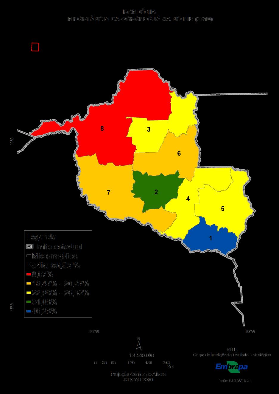 PARTICIPAÇÃO DA AGROPECUÁRIA NO PIB (2010) N Microrregião PIB (R$ 1.000) PIB_AGRO (R$ 1.000) Participação da Agropecuária 1 Colorado do Oeste 882.338 408.350 46.28% 2 Alvorada D'Oeste 913.096 311.