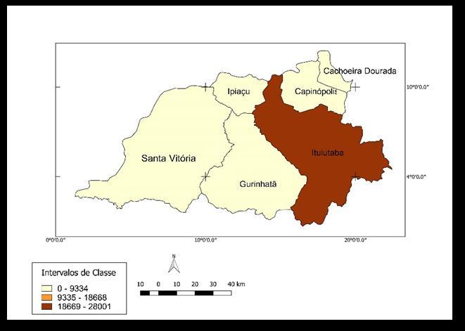 Figura 2 - Regionalização da produção da cana de açúcar (toneladas) na Microrregião Geográfica de Ituiutaba/MG, no ano de 1996 Fonte: Censo Agropecuário do IBGE de 1996.