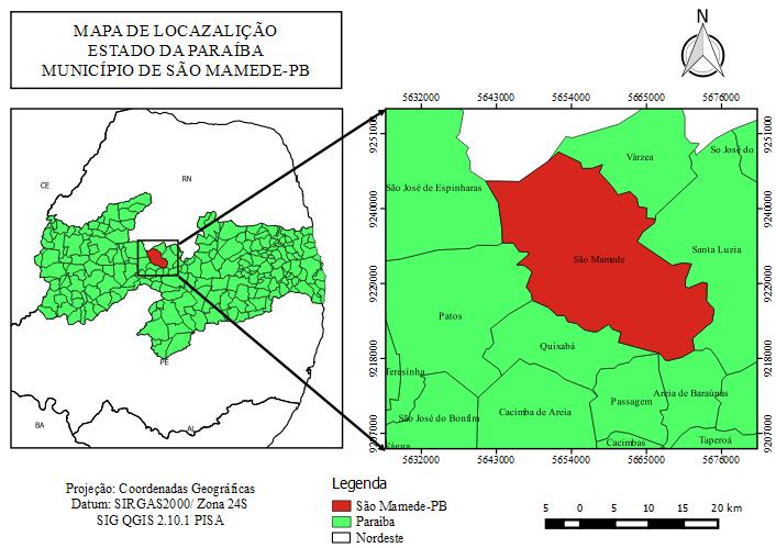 A pesquisa foi realizada em fragmento florestal de caatinga com área total de 50,0 ha que está localizada na Fazenda Massapê, situada no município de São Mamede, Estado da Paraíba, Mesorregião do