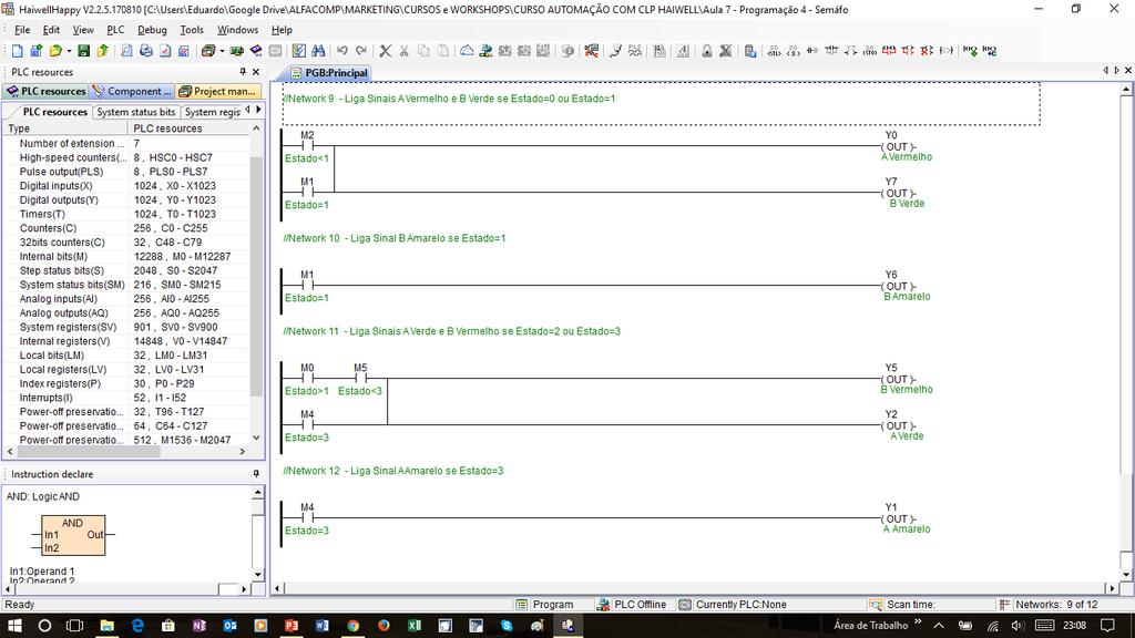 Acionamento das saídas digitais A linha 9 aciona Y0 (Sinal A Vermelho) e Y (Sinal B Verde sempre que Estado = 0 ou 1 A linha 10 aciona Y6 (Sinal B Amarelo) sempre que Estado = 1 A linha 11