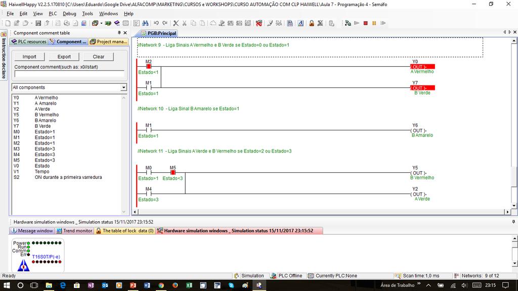 Monitoração off-line Clique no ícone Run monitor para ativar a simulação offline Aproveite para clicar no organizador em Component comment table para ver a lista de variáveis e descrições utilizadas