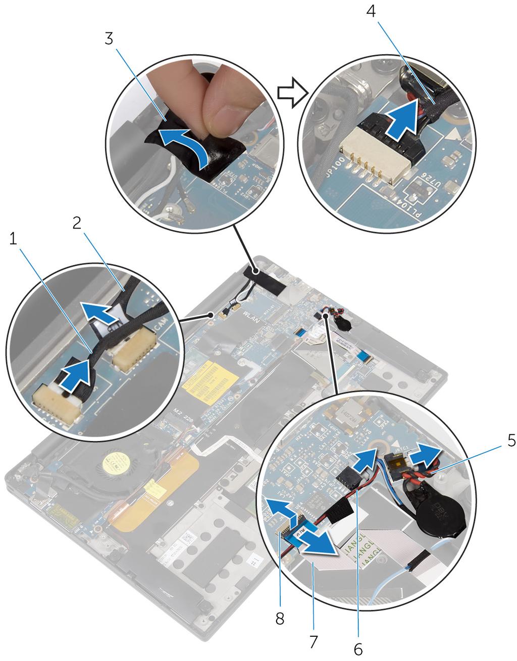 3 Abra a trava e desconecte o cabo da placa de controles do teclado da placa de sistema. Figura 25.