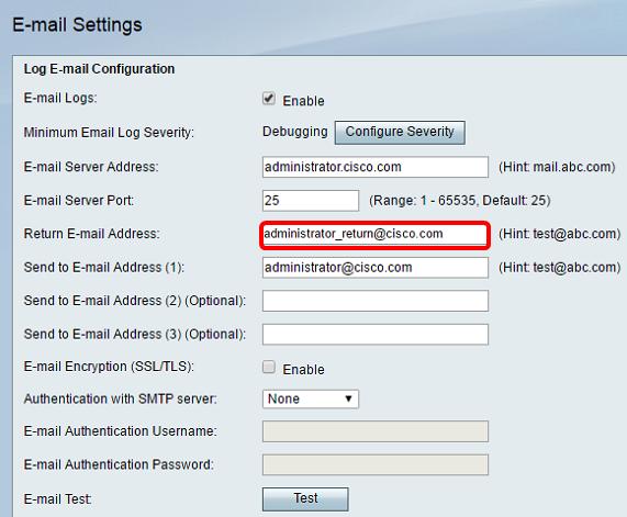 Etapa 7. Incorpore a emissão ao endereço email à emissão ao campo do endereço email (1) a que para enviar logs.