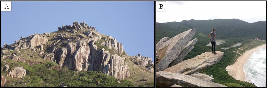 necem no local. Esses blocos ocorrem nos maciços que circundam a praia da Lagoinha do Leste, com destaque ao morro da Coroa.
