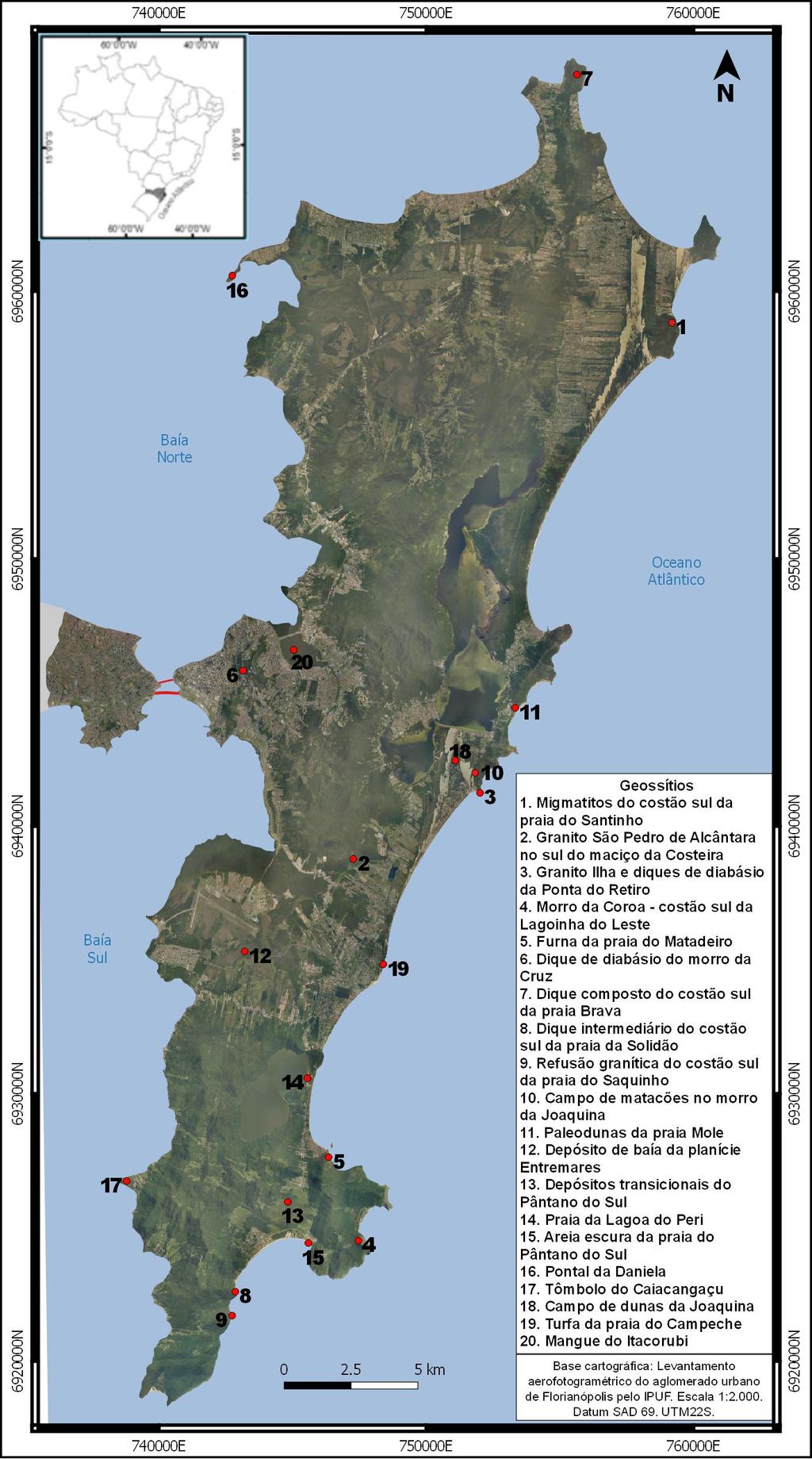 Figura 1. Mapa de localização dos 20 geossítios no Município de Florianópolis.