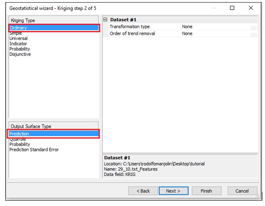 c) Em seguida, selecionar Ordinary em Kriging Type e Prediction em Output