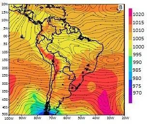 Figura 2: (a) Linhas de Corrente e (b) campo de pressão ao nível médio do mar simulado pelo CATT-BRAMS no período de 1-15 de outubro de 2009.