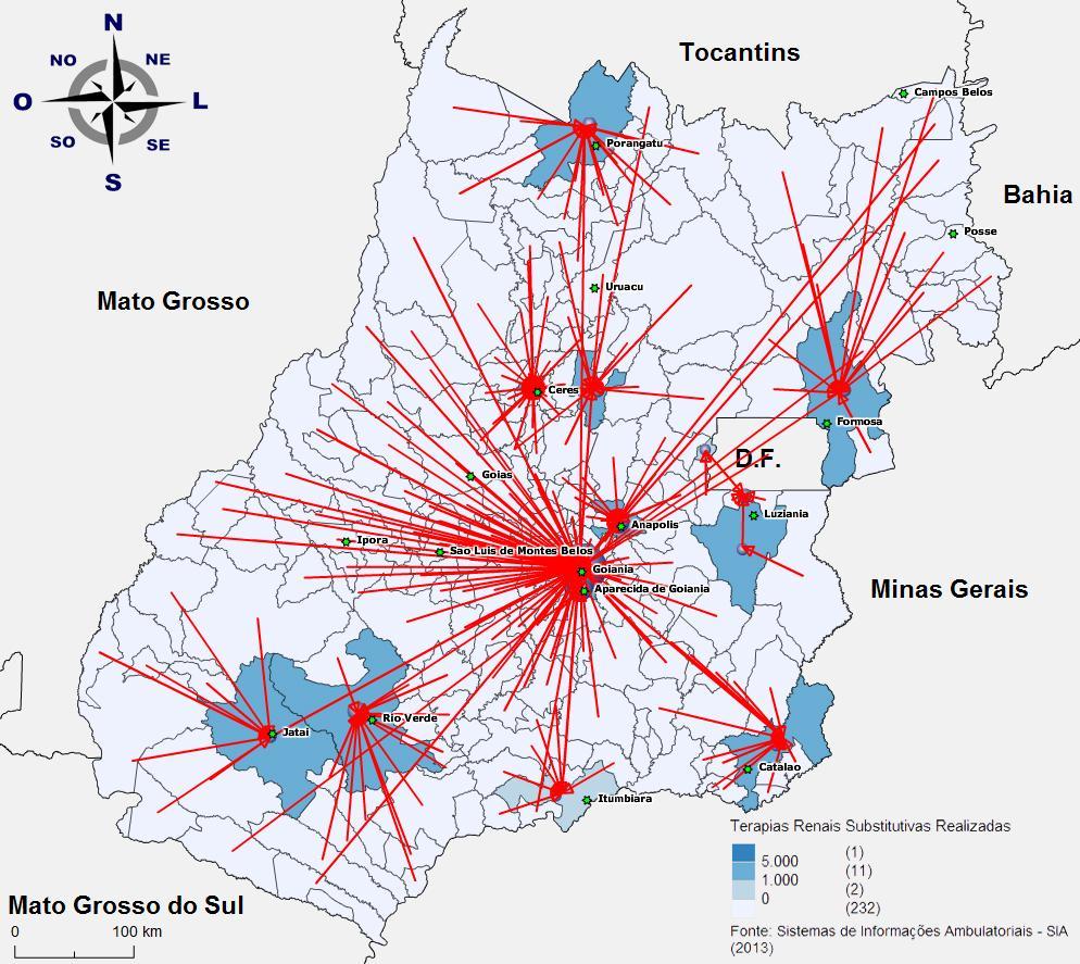 79 as regiões Nordeste I e Nordeste II e Porangatu, que atende a Região Serra da Mesa. Fonte: Fonte: Secretaria de Estado da Saúde. Figura 15 - Mapa do Fluxo de Terapia Renal Substitutiva -2013.