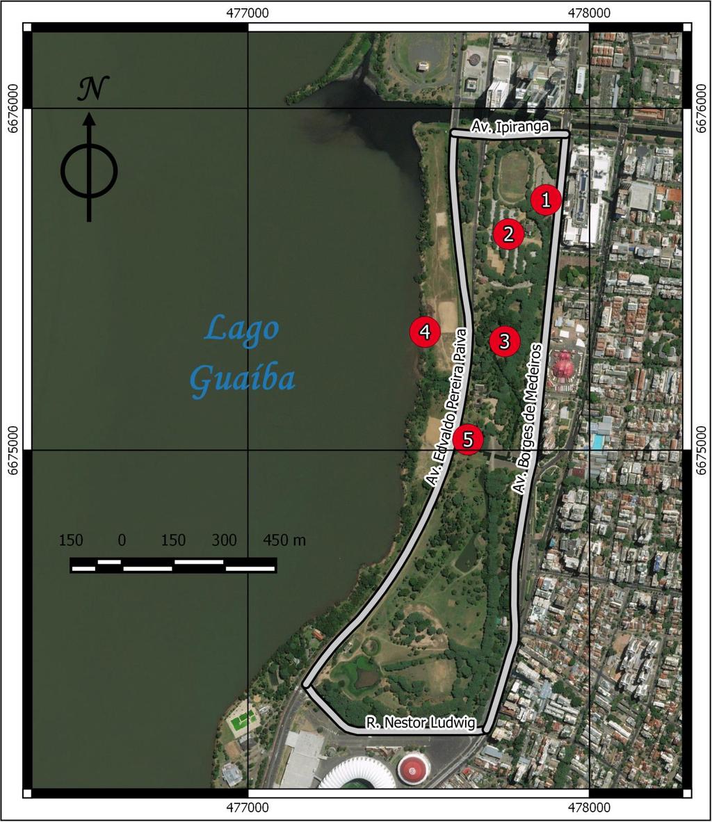 40 Figura 1: Localização dos pontos amostrais do microclima e do solo do Parque Marinha do Brasil: (1) Estacionamento; (2) Quadras poliesportivas; (3) Túnel verde; (4) Orla do Lago Guaíba; (5) Área