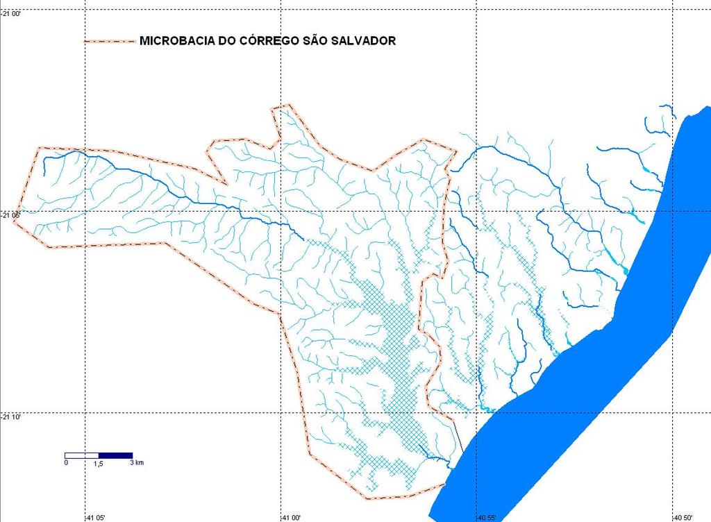 Figura 13 - Mapa das Microbacias entre os rios Itabapoana e Itapemirim. Tabela 22 Comprimentos dos córregos e as áreas das microbacias entre os rios Itabapoana e Itapemirim (de norte para o sul).