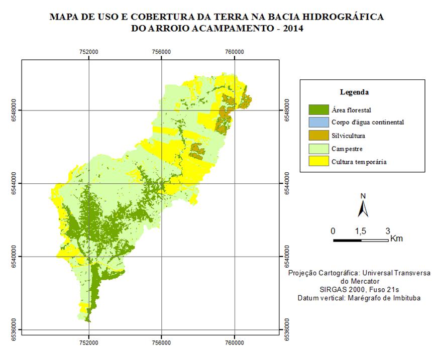 RESULTADOS E DISCUSSÃO Na Figura 3 apresenta-se o mapa de uso e cobertura da terra na sub-bacia hidrográfica do Arroio Acampamento, após a realização da etapa de pós-classificação.