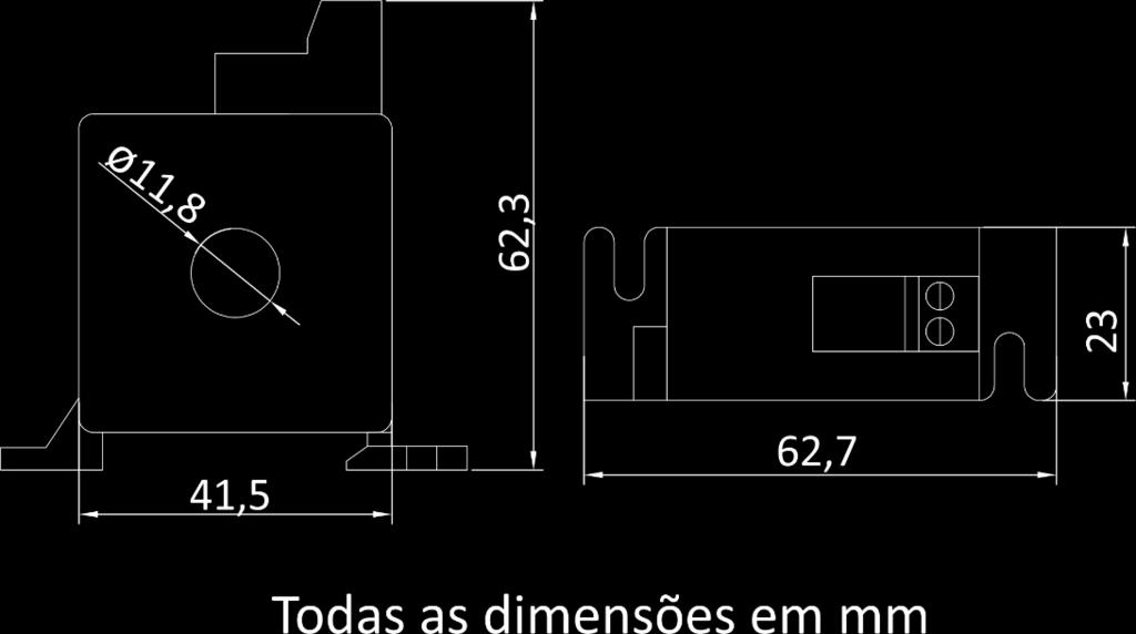 Características Descrição Encapsulamento Caixa para montagem em trilho DIN Corrente máxima de medição do primário 10