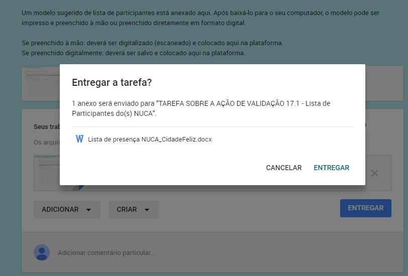 A. Como enviar um documento comprobatório para o UNICEF? 16. Clique no botão entregar azul (importante!). 17.