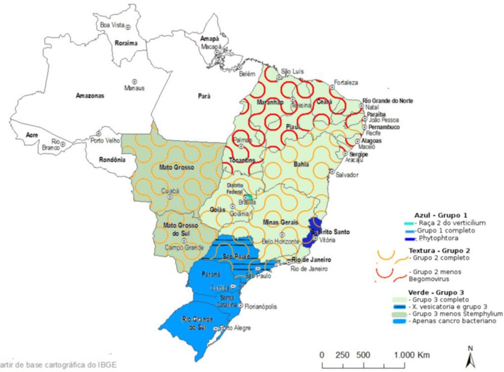 21 4.3 Mapa sumário Primeiramente se nota a presença das tospoviroses e do mosaico no Brasil inteiro, todo produtor é então concernido.