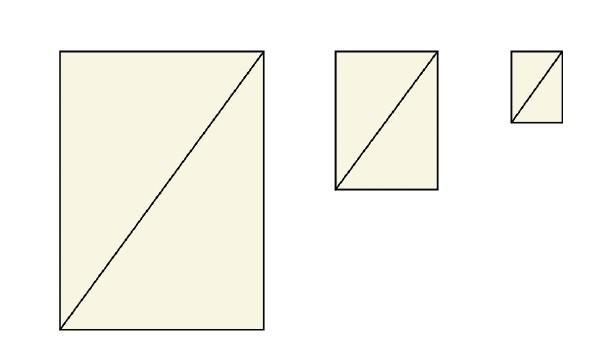 Agora sobreponha os três retângulos fazendo coincidir a base e o vértice de onde parte cada diagonal. O que você pode observar com relação às diagonais dos retângulos?