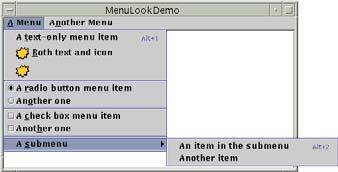 Menus de Escolha JMenuItem possui duas sub-classes que permitem a escolha de opções: JCheckBoxMenuItem JRadioButtonMenuItem Essas classes modelam itens de menu que funcionam da mesma maneira que os