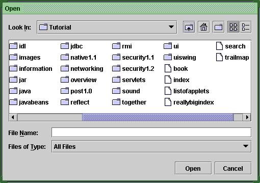 Exemplo de JFileChooser JFileChooser chooser = new JFileChooser(); chooser.setcurrentdirectory(new File("c:\\Tutorial")); int res = chooser.showopendialog(janela); if (res == JFileChooser.