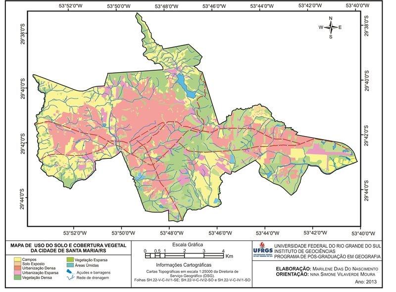 Figura 06: Mapa de Uso do Solo e Cobertura Vegetal da cidade de Santa Maria/RS. Fonte: Imagem dos sensores HRC e CCD do satélite CBERS-2B de 25/11/2012. Organizado pelos autores (2013).