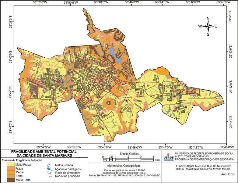 Figura 07: Mapa de Fragilidade Ambiental Potencial da cidade de Santa Maria/RS. Fonte: Sobreposição de PIs das cartas Clinográfica, Morfológica, Geológica e de Solos. Organizado pelos autores (2013).
