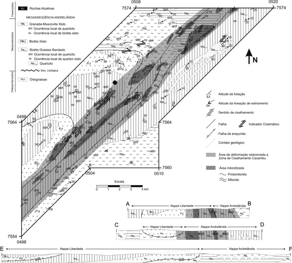 Camilo Correia Trouw et al. Figura 3 Mapa geológico de um segmento da Zona de Cisalhamento Caxambu mostrando as diferentes unidades de mapeamento e a variação da forma de atuação da deformação.