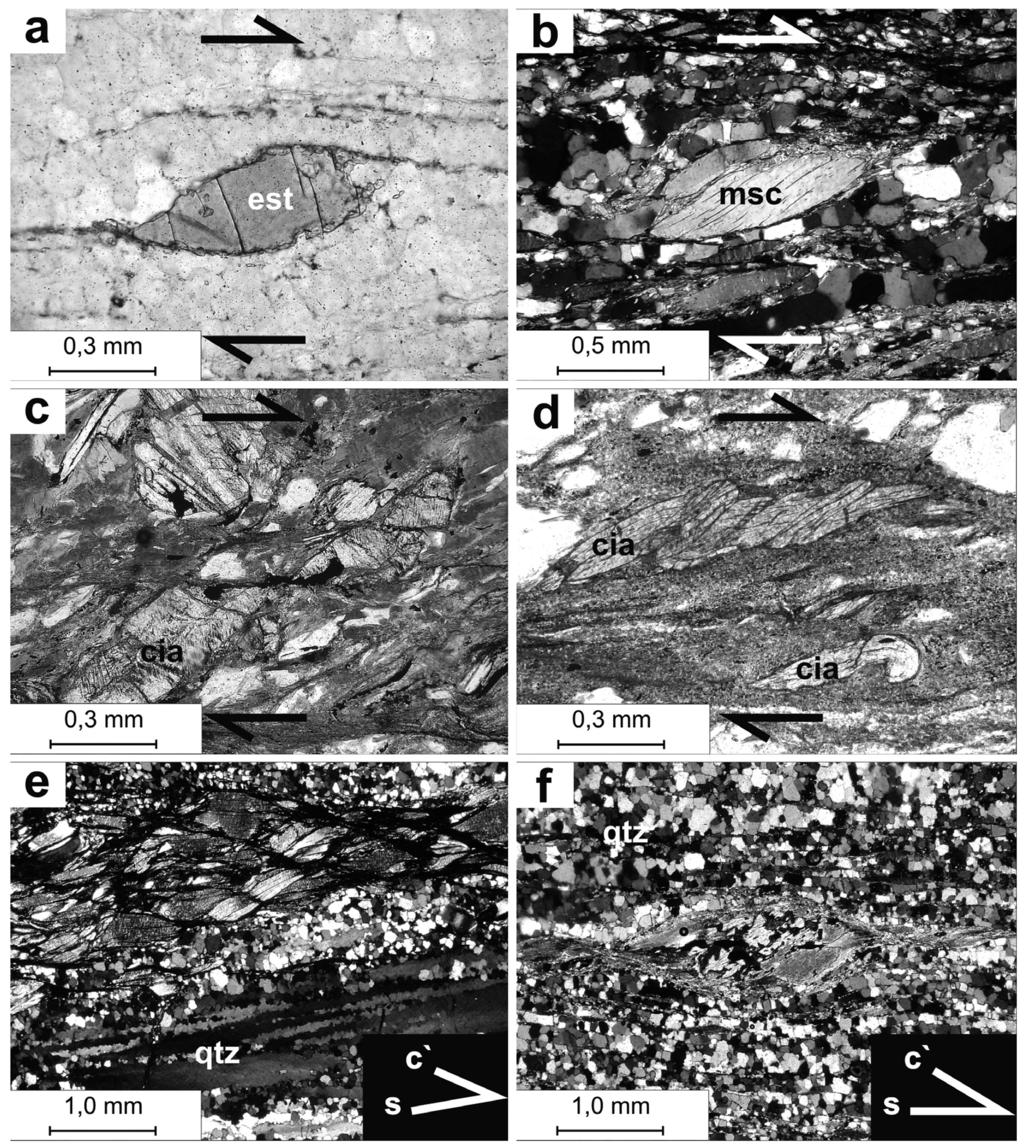 Camilo Correia Trouw et al. Figura 5 Indicadores cinemáticos: a Fotomicrografia de estaurolita alongada assimetricamente (staurolite fish), indicando cisalhamento destro em quartzito da unidade Na1+2.
