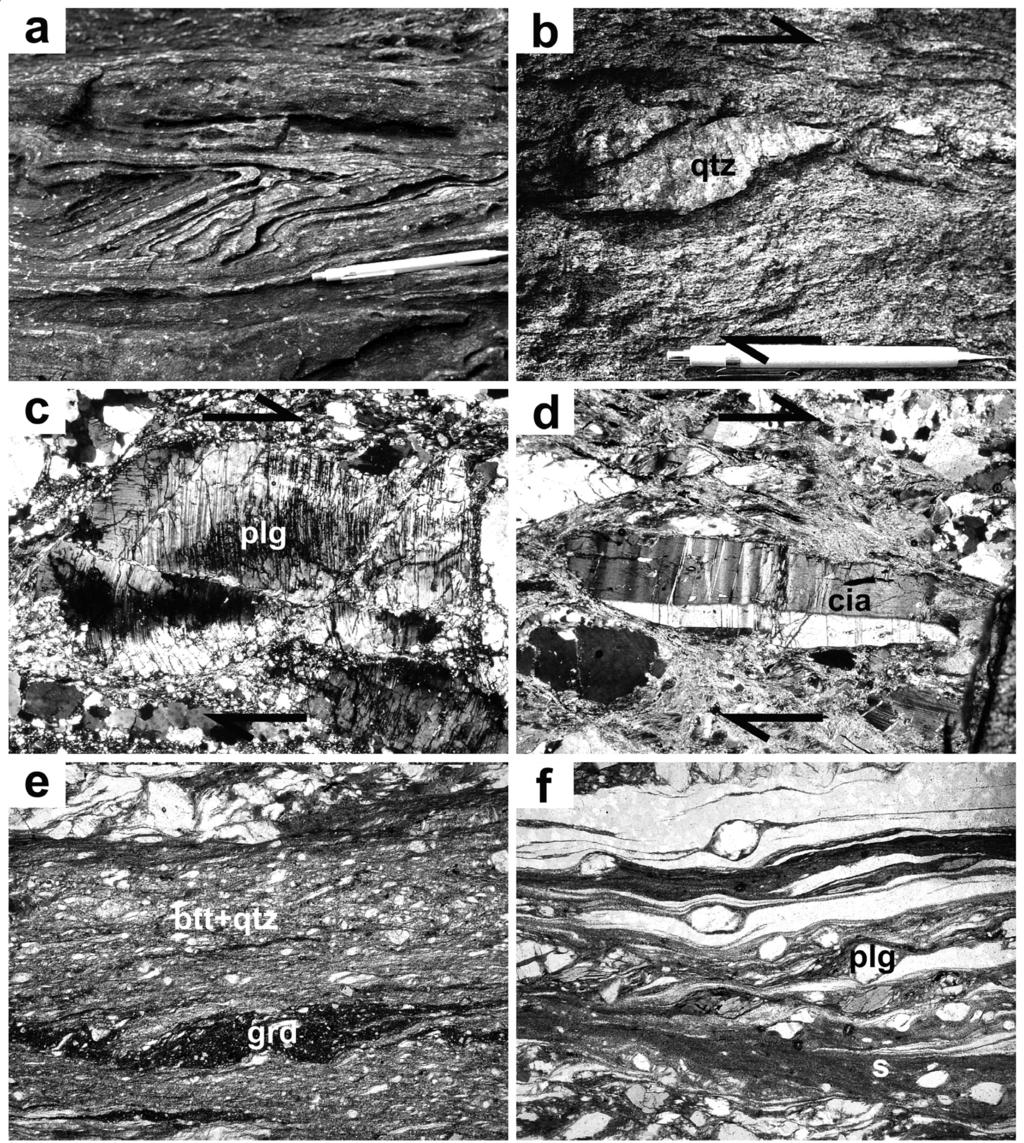 Evolução tectônica da Zona de Cisalhamento Caxambu Figura 6 - Aspectos deformacionais da Zona de Cisalhamento Caxambu. a - Fotografia de dobras fechadas a isoclinais (DR) na unidade Na1+2.