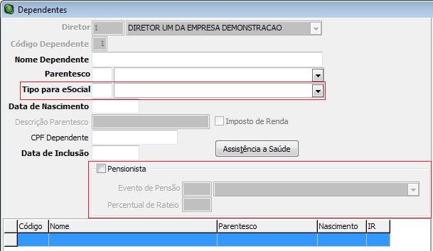 Criado o campo Tipo para esocial. O sistema preencherá o campo automaticamente a partir do campo parentesco, devendo ser revisado. Criado a opção Pensionista.