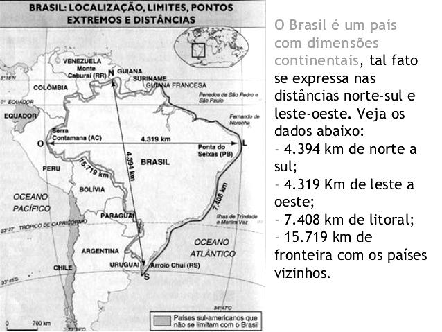 O Brasil é cortado ao norte pela linha do e ao sul pelo Trópico de. Possui 93% do seu território no hemisfério e 92% na zona. Os limites territoriais do Brasil totalizam 23.086 km, dos quais 7.