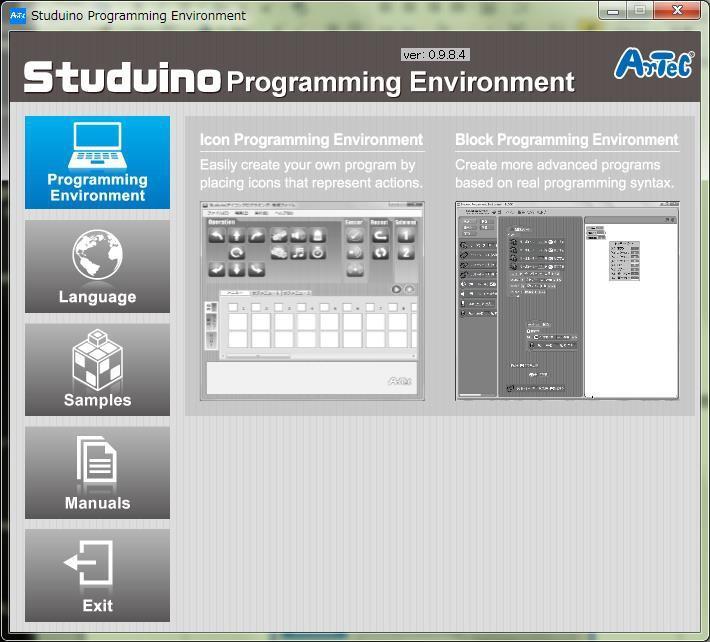 3. Tela Inicial Apenas os usuários do Windows podem abrir o Ambiente de Programação Studuino utilizando a Tela Inicial. Veja a Seção 7.