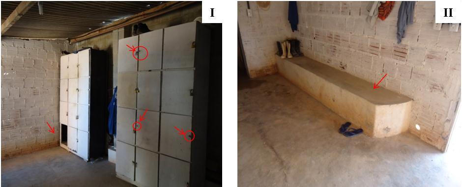 Figura 7 - Vestiário da obra A I: Armários sem cadeados; II: banco de assento no vestiário.