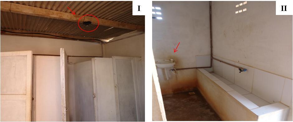 Figura 3 - Instalações sanitárias da obra A I: Falta de luminária; II: Lavatório. O pé-direito dessa instalação era de 2,25 m, estando em desacordo com a norma.
