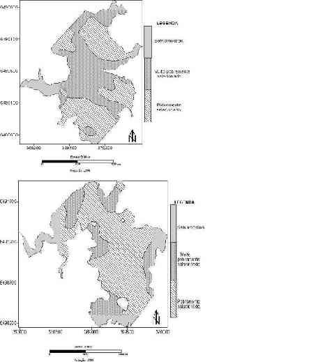 Contudo, Mendes (1984) cita como fatores Figura 9. Mapa de variação do Desvio Padrão (σ Ø) nos sedimentos superficiais de fundo da Barragem Santa Bárbara L1 e L2, respectivamente. texturais valores 0.