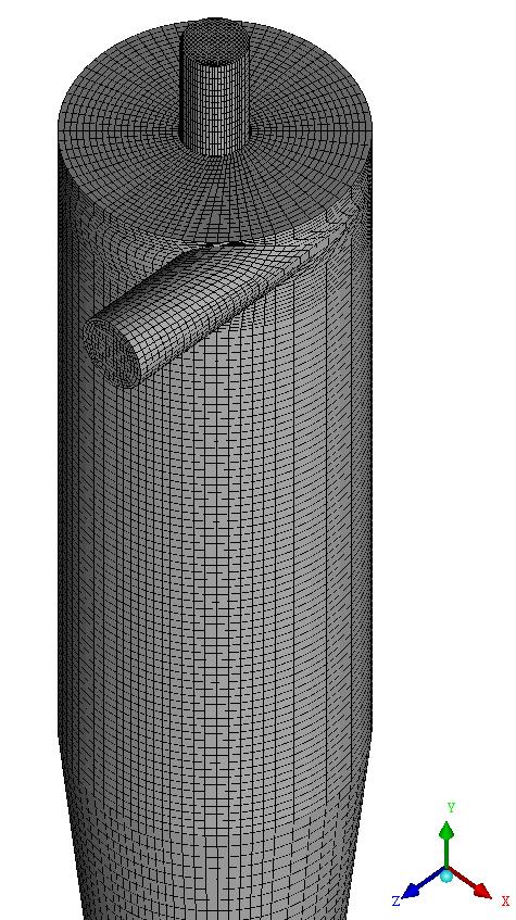 Figura 4.7: Representação da malha: hidrociclone convencional. Foram geradas três malhas com diferentes densidades de volumes de controle (elementos) para realizar o estudo de dependência da malha.