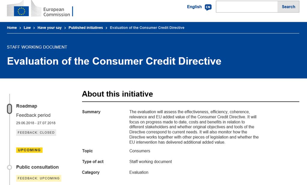 A Comissão Europeia está a avaliar a Diretiva do Crédito aos Consumidores In recent
